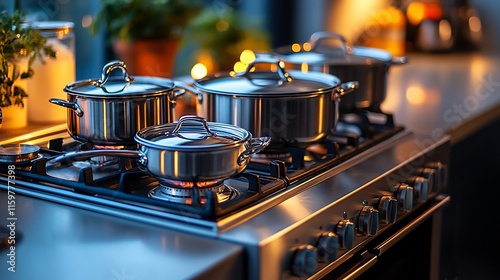 Stainless Steel Pots On A Gas Stovetop Cooking