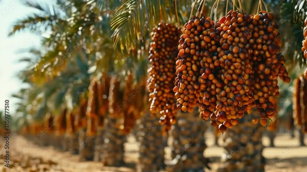 Close-up of ripe dates hanging on palm tree branches in a date farm. Close-up of ripe dates hanging on palm tree branches in a date farm.