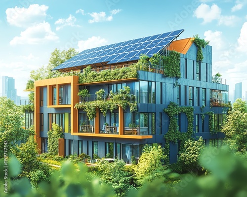 An energyefficient green building with a focus on sustainability, featuring ecofriendly architecture, solar panels, and a vibrant surrounding landscape photo