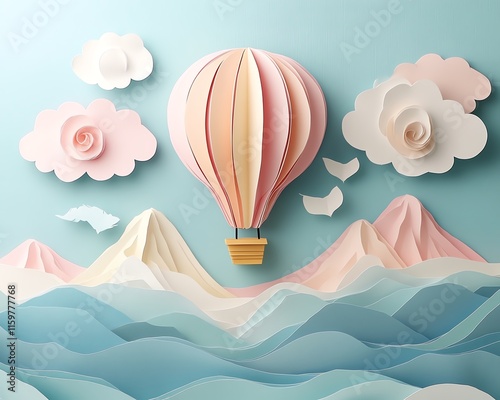 An origamistyle hot air balloon drifting across a dreamy mountain landscape, with soft colors and a cozy vibe for a baby nursery photo