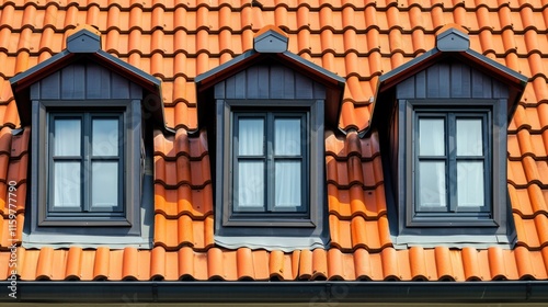 The image displays a close-up of the exterior top section of a building, featuring three windows framed by black and white panels against a red tiled roof. photo