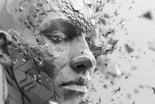 A digital rendering of a human head, fragmented by fractals or cubes, symbolizing complex thought processes.
