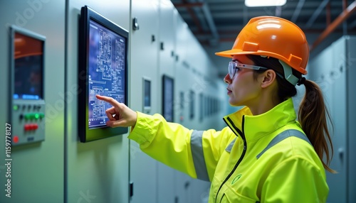 Female electrical engineer inspects voltage levels on power distribution cabinet in control room. Wears safety gear like helmet, safety glasses. Yearly preventive maintenance in progress. Photo shows photo