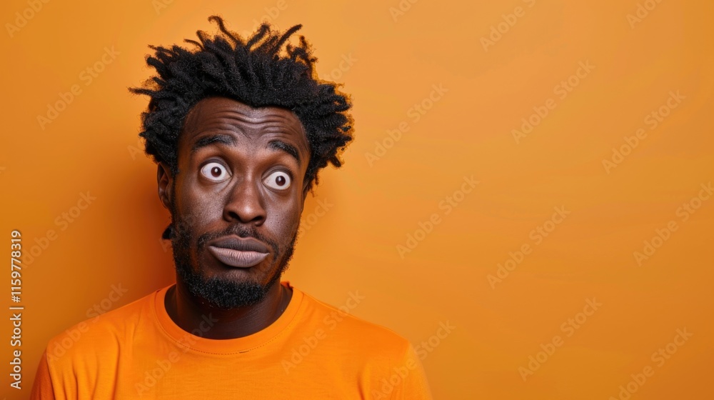 Happy-go-lucky guy with a wacky look. Orange backdrop makes the portrait pop. Happy-go-lucky guy with a wacky look. Orange backdrop makes the portrait pop.
