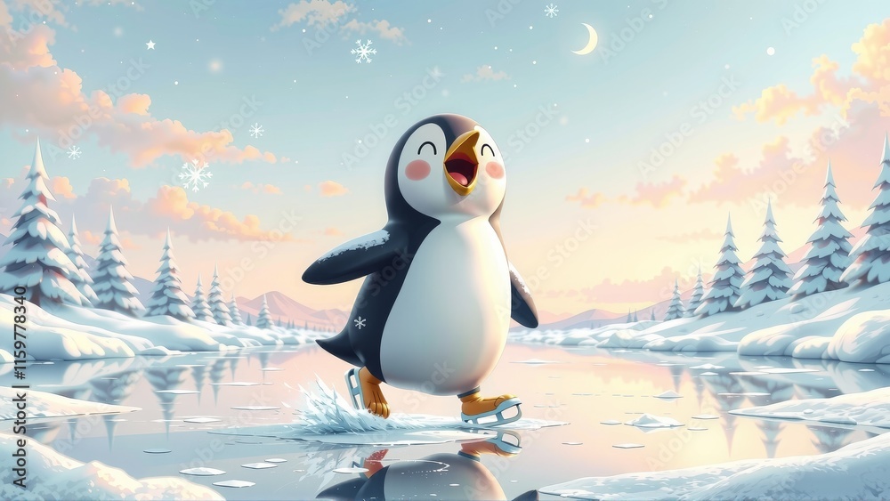 Fototapeta premium Cheerful penguin ice skating on frozen lake at sunrise in winter wonderland