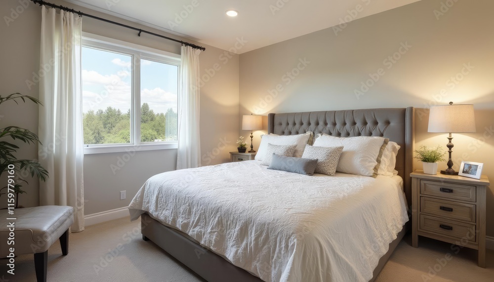 A serene bedroom features a large bed with white linens, flanked by nightstands with lamps, and a window offering a view of trees. A serene bedroom features a large bed with white linens, flanked by nightstands with lamps, and a window offering a view of trees.