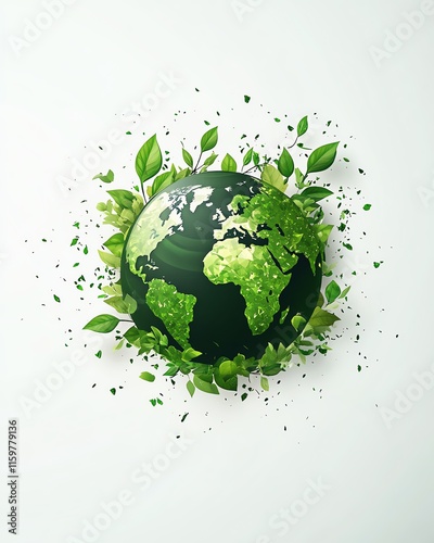 A minimal Earth Day logo featuring a green Earth silhouette with small leaves, placed on a pristine white background for a fresh and modern aesthetic