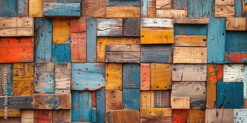 Mosaic of wooden boards, paint chips and peeling wood creating an artistic texture on wall. photo