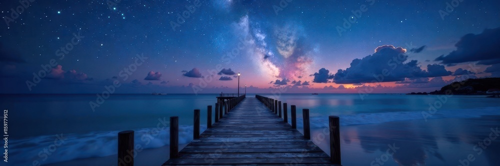 Fototapeta premium Starry night, tranquil beach, wooden pier extending into ocean , landscape, nature