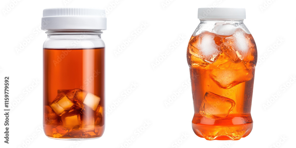 Two beverage containers filled with iced tea, showcasing a refreshing drink with ice cubes. Two beverage containers filled with iced tea, showcasing a refreshing drink with ice cubes.