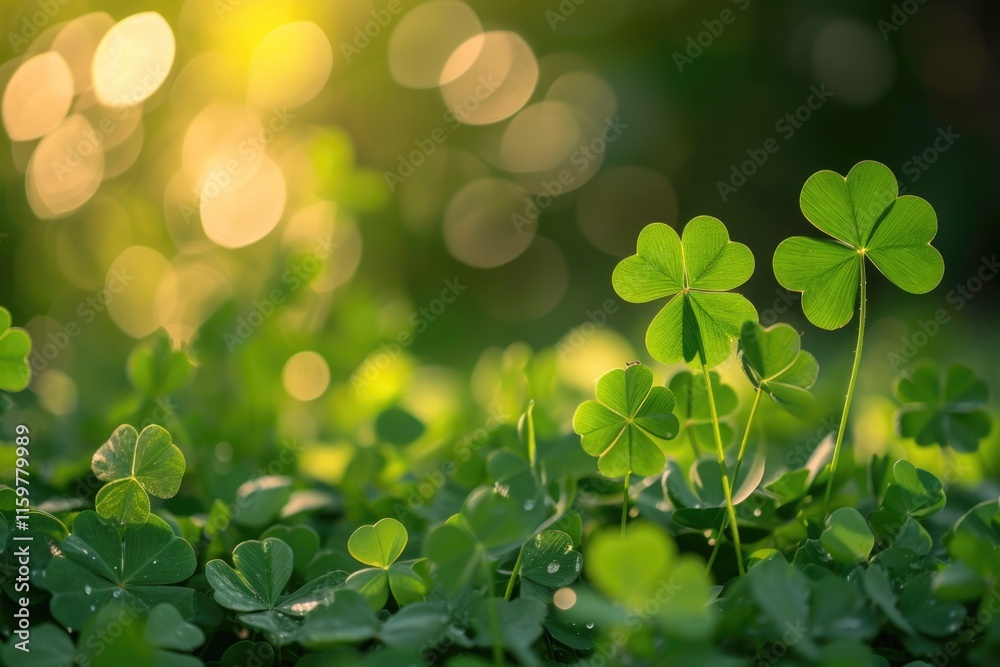 A close-up image of a vibrant green clover leaf with light filtering through, creating lens flare effect. Perfect for nature and spring themes.
