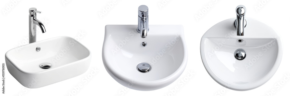 Three modern sink designs showcasing various shapes and styles, each featuring sleek faucets and smooth surfaces. Three modern sink designs showcasing various shapes and styles, each featuring sleek faucets and smooth surfaces.