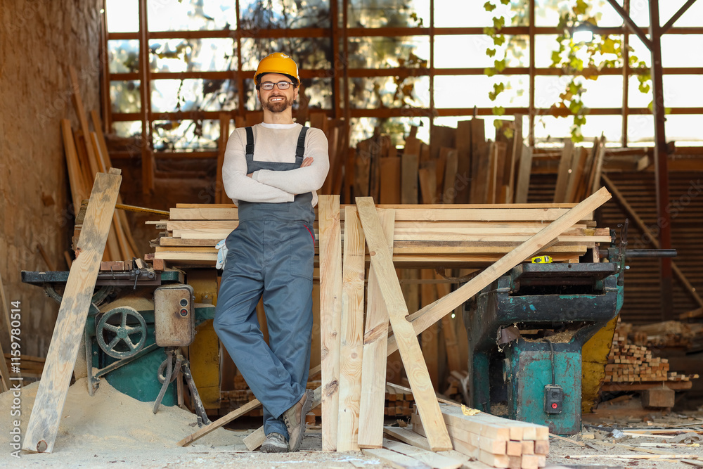 Male carpenter with wooden planks at sawmill Male carpenter with wooden planks at sawmill