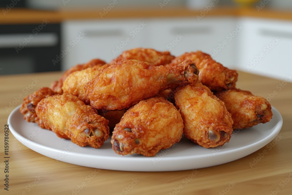Crispy fried chicken wings served on a white plate in a modern kitchen setting. Generative AI Crispy fried chicken wings served on a white plate in a modern kitchen setting. Generative AI