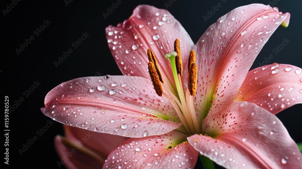 Fototapeta premium Pink Lily Flower with Dew Drops: A Stunning Close-Up