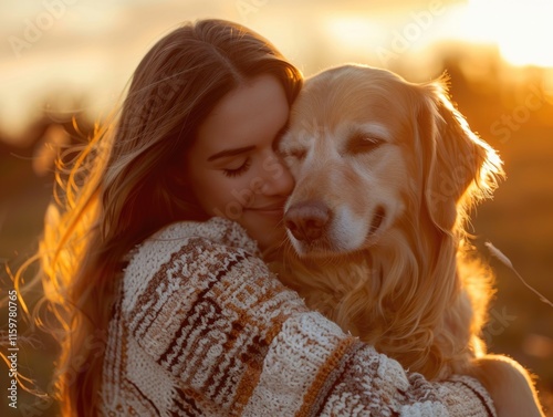 Girl hugs her golden retriever at sunset, capturing a warm and affectionate moment between them.