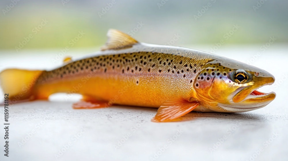 Close-up of a vibrant golden trout on a white surface. Close-up of a vibrant golden trout on a white surface.