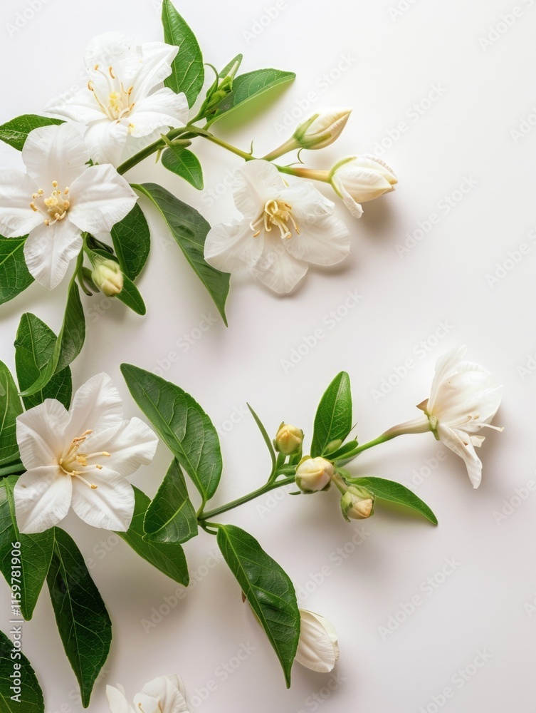 Fototapeta premium White flowers with green leaves on stems.