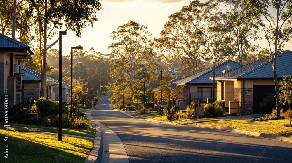 Sunlit suburban street with modern houses and lush trees. Sunlit suburban street with modern houses and lush trees.