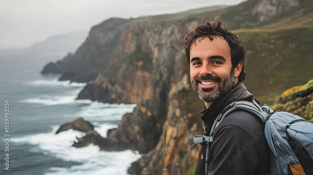 Naklejka premium Man rugged coastline cliffs Basque Country Spain Europe waves crashing scenic view