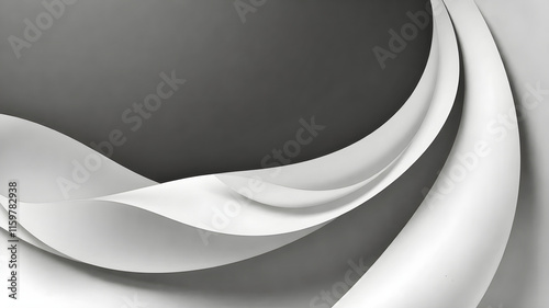 A monochromatic abstract design of flowing, layered curves and waves, resembling smooth metallic or paper-like surfaces, with soft lighting creating highlights and shadows