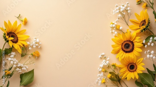 Yellow sunflowers and white blossoms on taupe background with sunlight