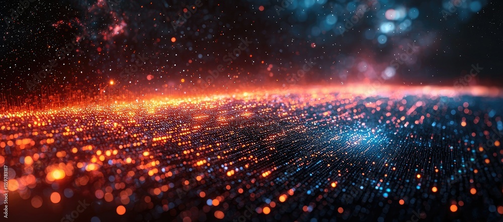 Obraz premium A vibrant digital landscape with glowing particles and cosmic elements.