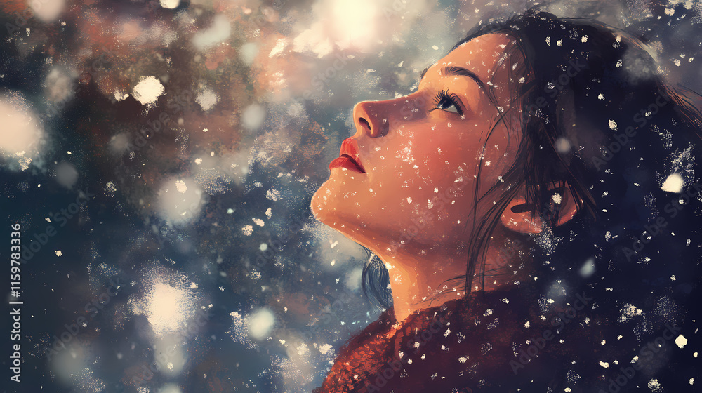 A young woman gazes upwards at falling snow, her expression wistful and serene. Wistful. Illustration A young woman gazes upwards at falling snow, her expression wistful and serene. Wistful. Illustration