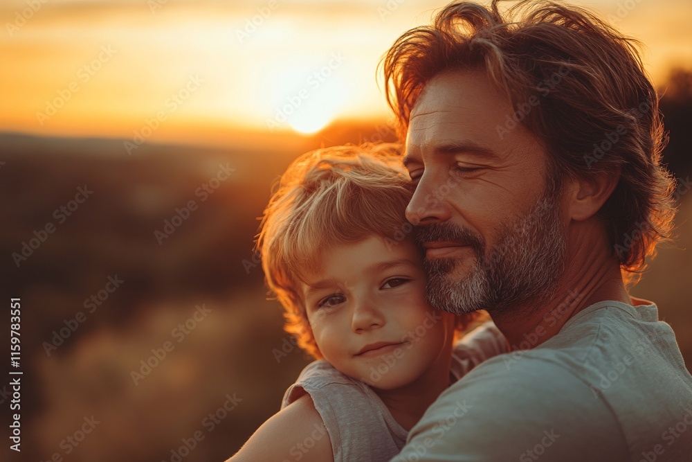 A father holds his young son close, sharing a loving moment as the sun sets behind them. Generative AI A father holds his young son close, sharing a loving moment as the sun sets behind them. Generative AI
