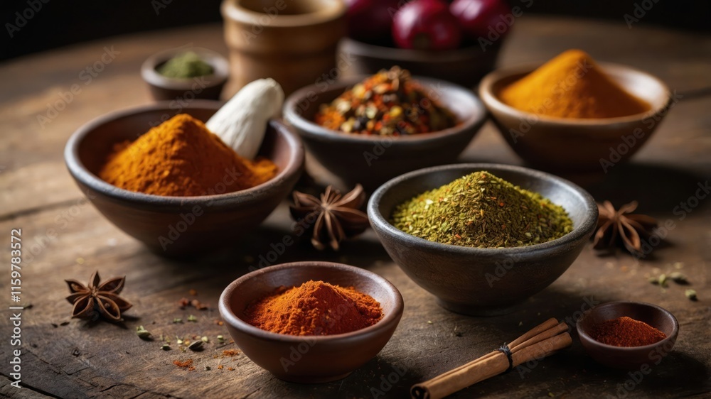 A collection of colorful spices in bowls on a wooden surface, showcasing culinary ingredients. A collection of colorful spices in bowls on a wooden surface, showcasing culinary ingredients.