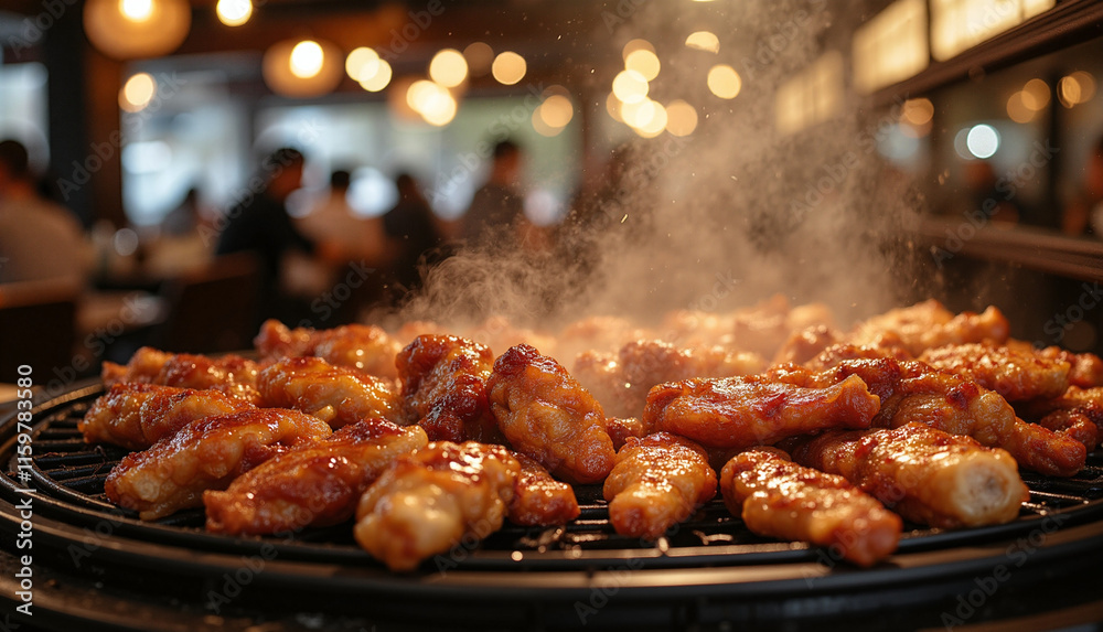 Grilled Korean BBQ Chicken Wings in Vibrant Restaurant Setting with Steaming Dish Grilled Korean BBQ Chicken Wings in Vibrant Restaurant Setting with Steaming Dish