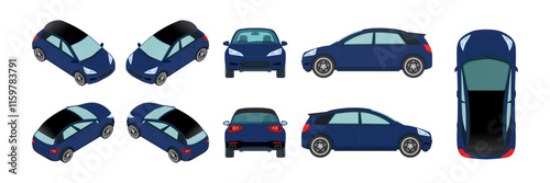 3D Blue and Navy Blue Car Vector Template: Isometric, Front, Rear, Side and Top Views - Vehicle Hatchback and Sedan Mockup.