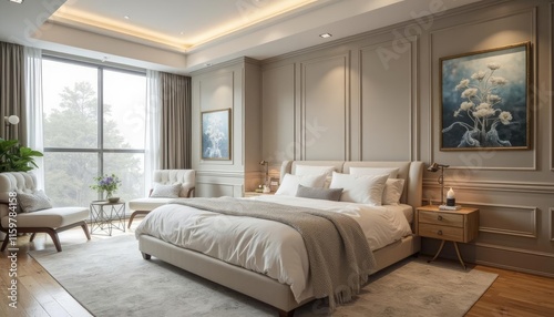  A modern bedroom features a large bed with white linens, a nightstand, a chair, and a painting of white flowers on the wall, with a large window offering a view of trees.