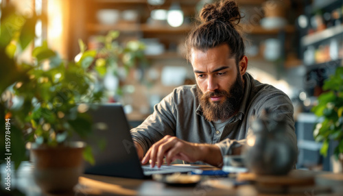  A bearded man works on a laptop at a wooden table, surrounded by potted plants and a vase, with a warm, natural light source from a window in the background.