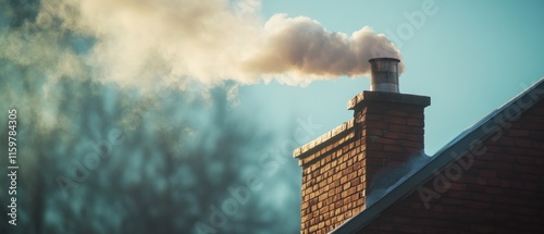 Smoke billowing from a brick chimney on a house against a clear sky.