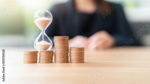 A businesswoman holds an hourglass and coins, symbolizing the importance of time as an investment asset in finance.