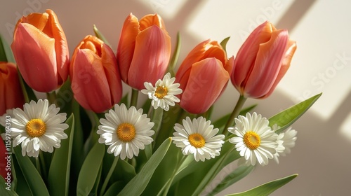 Orange tulips and white daisies on taupe background with sunlight