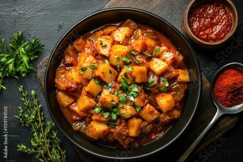 Aerial perspective of Korean Kimchi Stew with red chili paste on the side