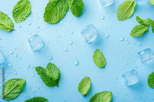 Aerial shot of mint ice cubes and water droplets on a light blue backdrop