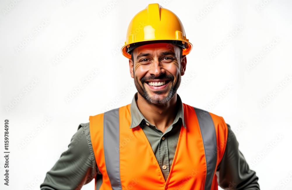 Smiling construction worker wears safety vest, hard hat. Happy worker ready for job. Pro construction worker in uniform. Posing against white background. Positive attitude. Industry specialist. Smiling construction worker wears safety vest, hard hat. Happy worker ready for job. Pro construction worker in uniform. Posing against white background. Positive attitude. Industry specialist.