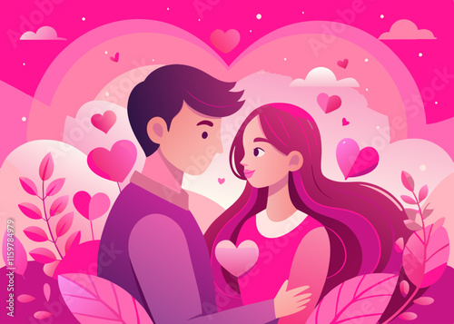 Romantic Couple Illustration: Pink Love Embrace, Flat Style.