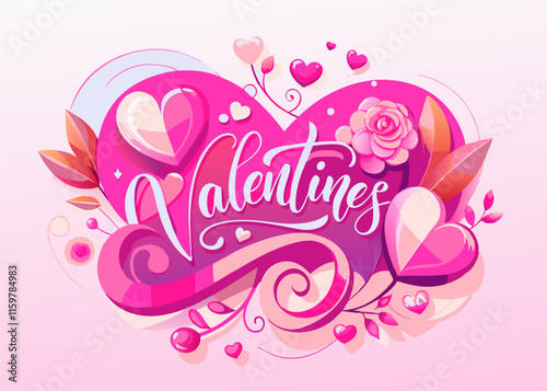 Valentines Day: Pink Heart Design with Romantic Lettering & Floral Elements.