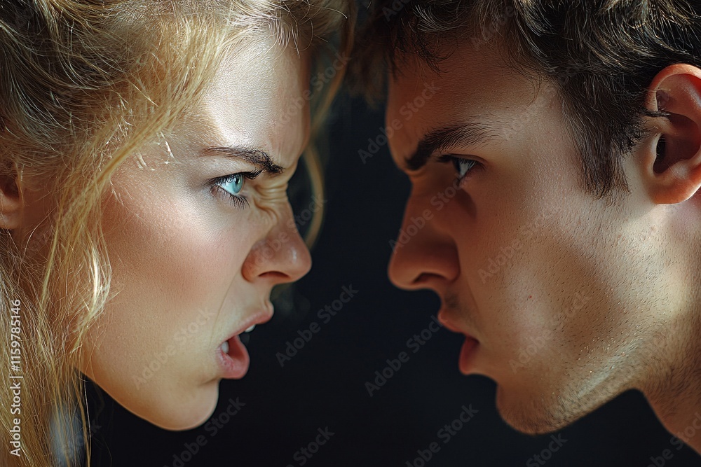 A man and woman face each other with expressions of anger in a tense confrontation. Generative AI A man and woman face each other with expressions of anger in a tense confrontation. Generative AI
