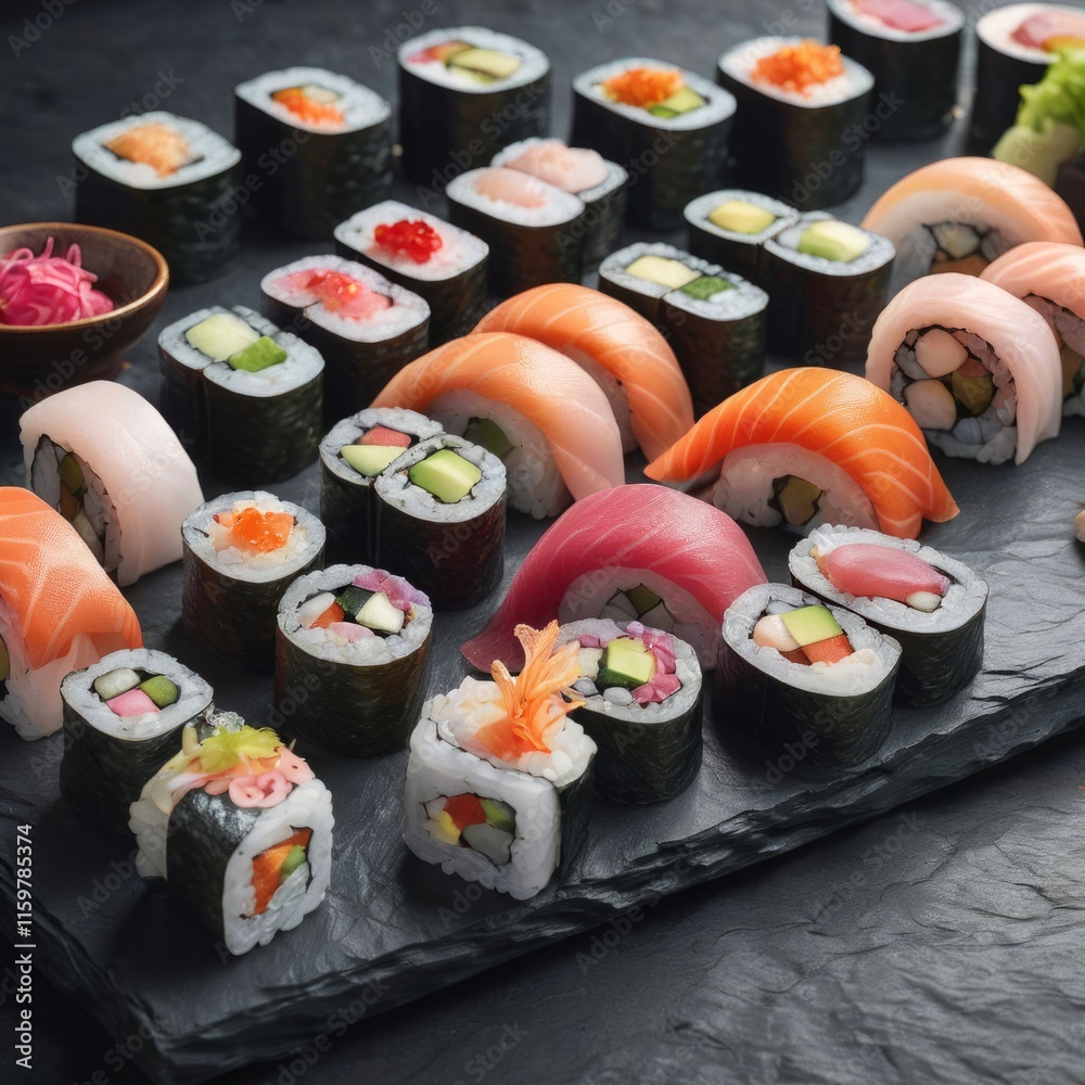 Elegant sushi spread with an array of flavors, including salmon, tuna, and vegetable rolls. Great for food photography, showcasing the artistry of sushi-making and inviting viewers to indulge. Elegant sushi spread with an array of flavors, including salmon, tuna, and vegetable rolls. Great for food photography, showcasing the artistry of sushi-making and inviting viewers to indulge.