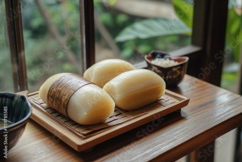 Angku cake is an oval Indonesian pastry made from sticky rice flour filled with a sweet center served on a wooden tray photo