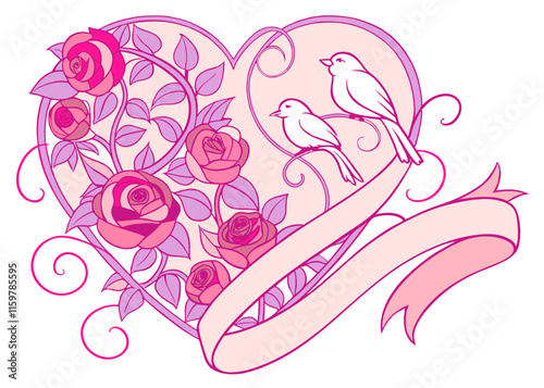 Romantic Pink Rose Heart with Birds - Valentine's Day Vector Illustration.