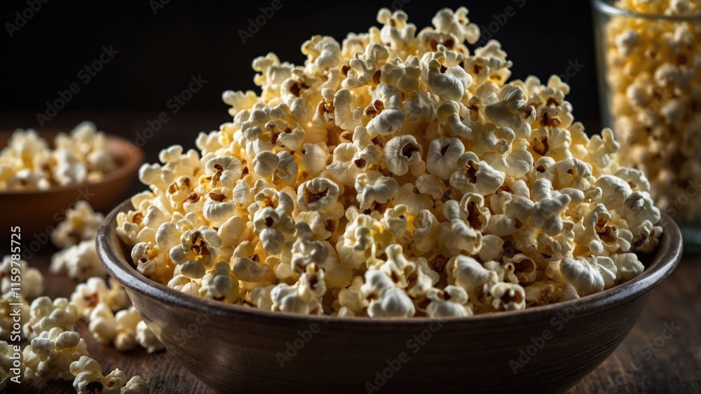 A close-up of a bowl filled with fluffy popcorn, perfect for snacking during movies. A close-up of a bowl filled with fluffy popcorn, perfect for snacking during movies.