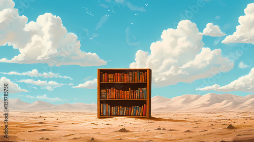 A bookshelf in the middle of a desert, with travelers finding oasislike knowledge between its covers. Oasislike. Illustration photo