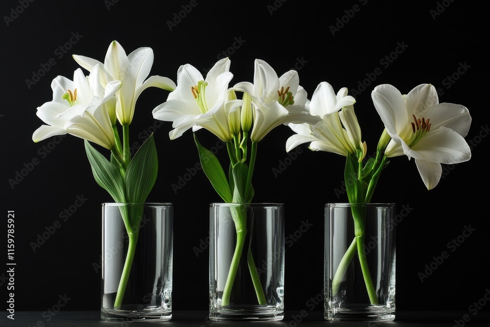 Arrangement of white tuberose and lily in three glass vases against a black backdrop Arrangement of white tuberose and lily in three glass vases against a black backdrop