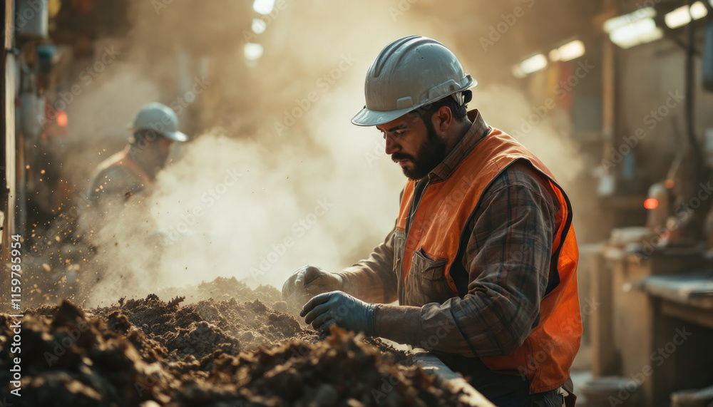 Two construction workers in hard hats and safety vests operate heavy machinery in a bustling construction site, surrounded by a cloud of dust and smoke. Two construction workers in hard hats and safety vests operate heavy machinery in a bustling construction site, surrounded by a cloud of dust and smoke.